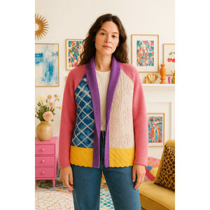 Marilyn‎ Wolf Designs Chenille Patchwork Art to Wear Artsy Cardigan Jacket OS